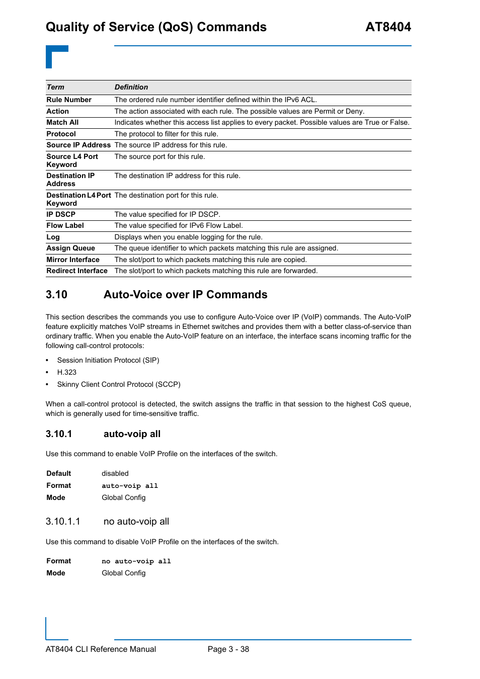 10 auto-voice over ip commands, 1 auto-voip all, 1 no auto-voip all | 10 auto-voice over ip commands - 38, Auto-voip all - 38, Quality of service (qos) commands at8404 | Kontron AT8404 CLI User Manual | Page 212 / 373