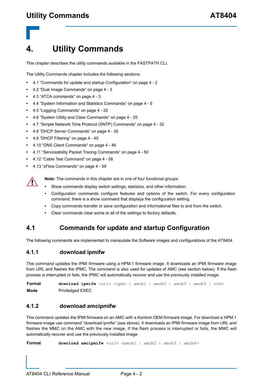 Utility commands, 1 commands for update and startup configuration, 1 download ipmifw | 2 download amcipmifw, Utility commands - 2, Download ipmifw - 2, Download amcipmifw - 2, Utility commands at8404 | Kontron AT8404 CLI User Manual | Page 216 / 373