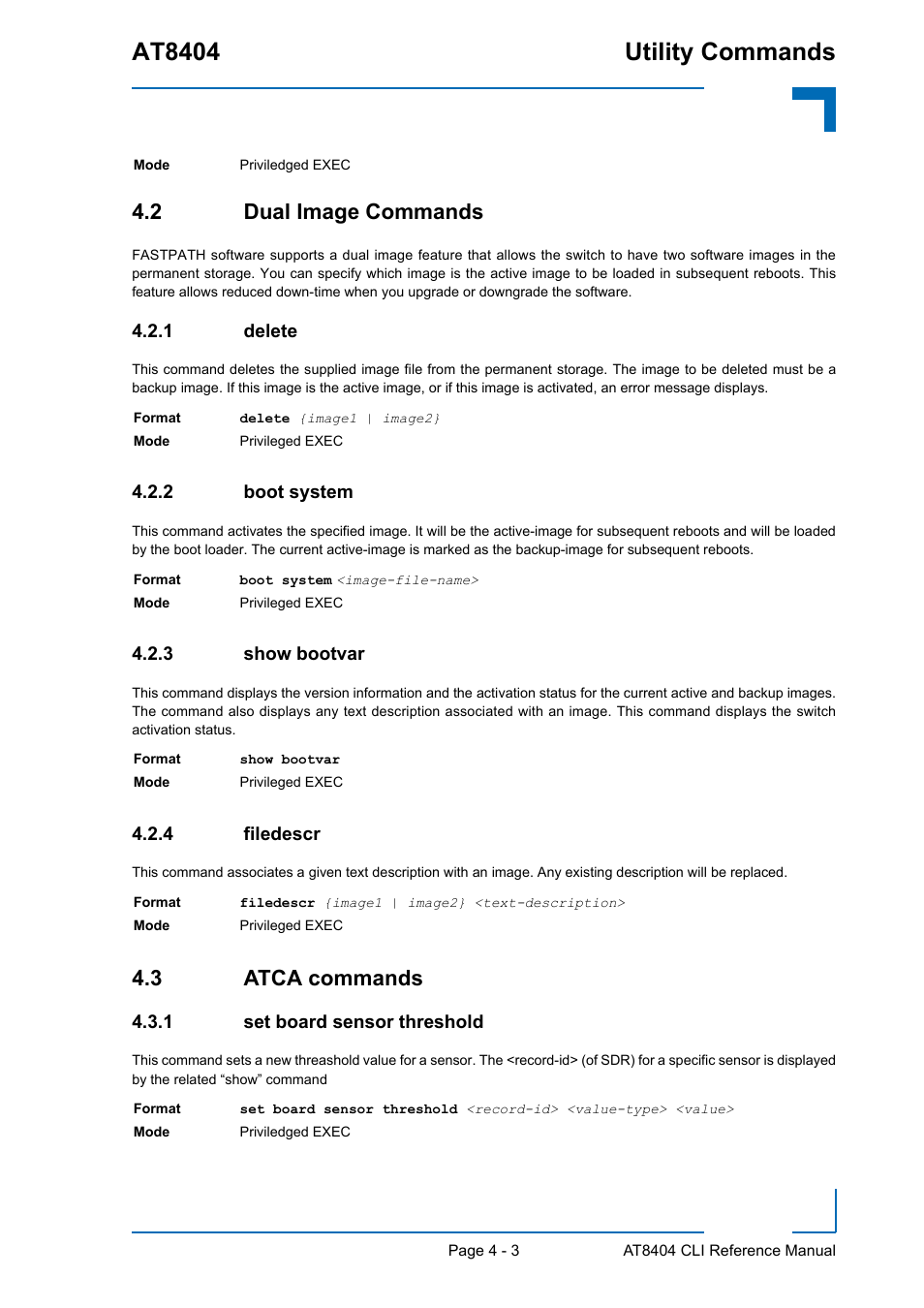 2 dual image commands, 1 delete, 2 boot system | 3 show bootvar, 4 filedescr, 3 atca commands, 1 set board sensor threshold, 2 dual image commands - 3, Delete - 3, Boot system - 3 | Kontron AT8404 CLI User Manual | Page 217 / 373