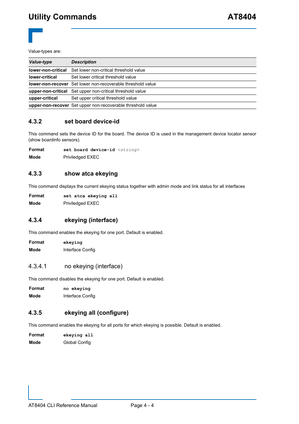 2 set board device-id, 3 show atca ekeying, 4 ekeying (interface) | 1 no ekeying (interface), 5 ekeying all (configure), Set board device-id - 4, Show atca ekeying - 4, Ekeying (interface) - 4, Ekeying all (configure) - 4, Utility commands at8404 | Kontron AT8404 CLI User Manual | Page 218 / 373