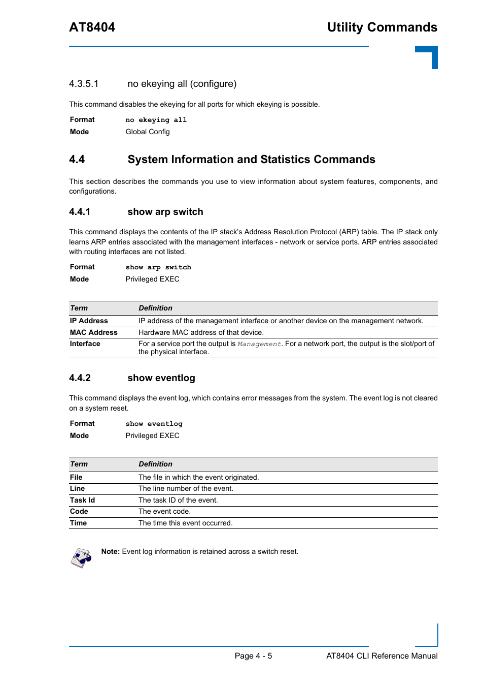 1 no ekeying all (configure), 4 system information and statistics commands, 1 show arp switch | 2 show eventlog, 4 system information and statistics commands - 5, Show arp switch - 5, Show eventlog - 5, At8404 utility commands | Kontron AT8404 CLI User Manual | Page 219 / 373