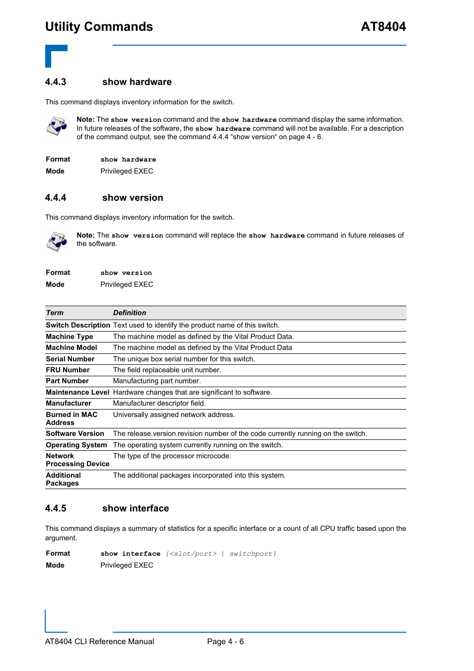 3 show hardware, 4 show version, 5 show interface | Show hardware - 6, Show version - 6, Show interface - 6, Utility commands at8404 | Kontron AT8404 CLI User Manual | Page 220 / 373