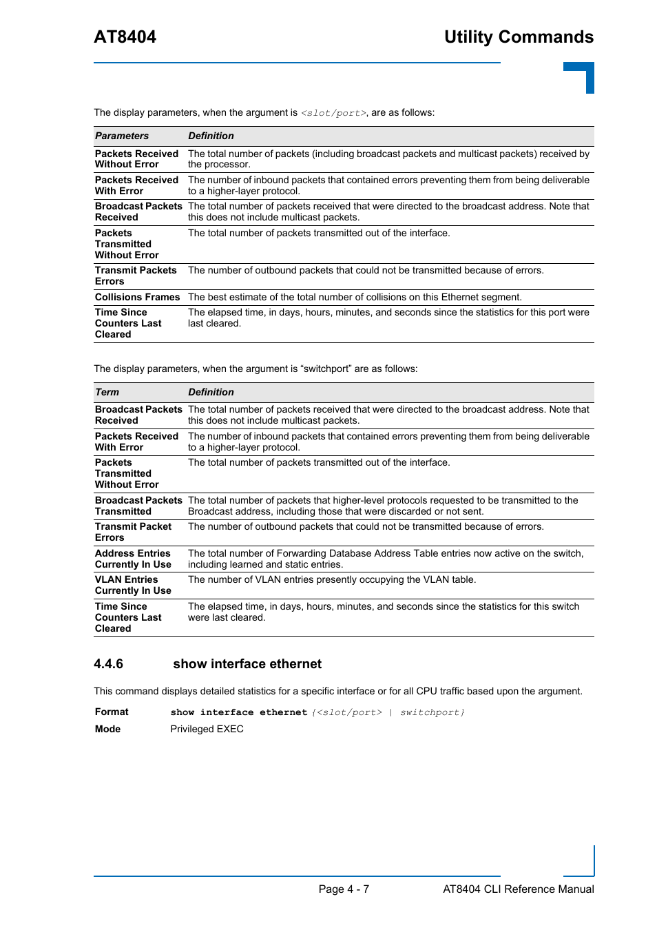 6 show interface ethernet, Show interface ethernet - 7, At8404 utility commands | Kontron AT8404 CLI User Manual | Page 221 / 373