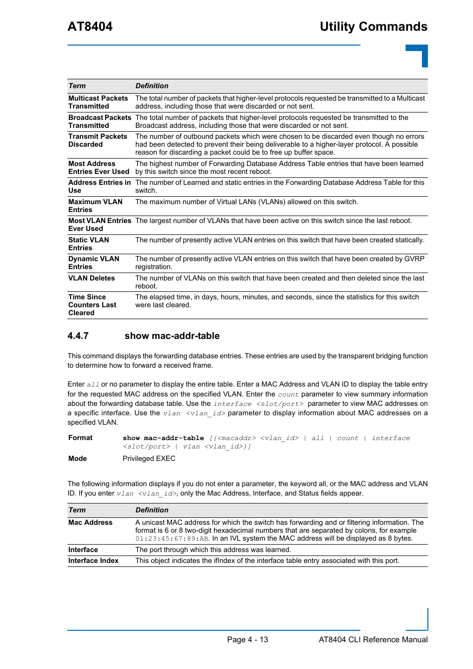 7 show mac-addr-table, Show mac-addr-table - 13, At8404 utility commands | Kontron AT8404 CLI User Manual | Page 227 / 373