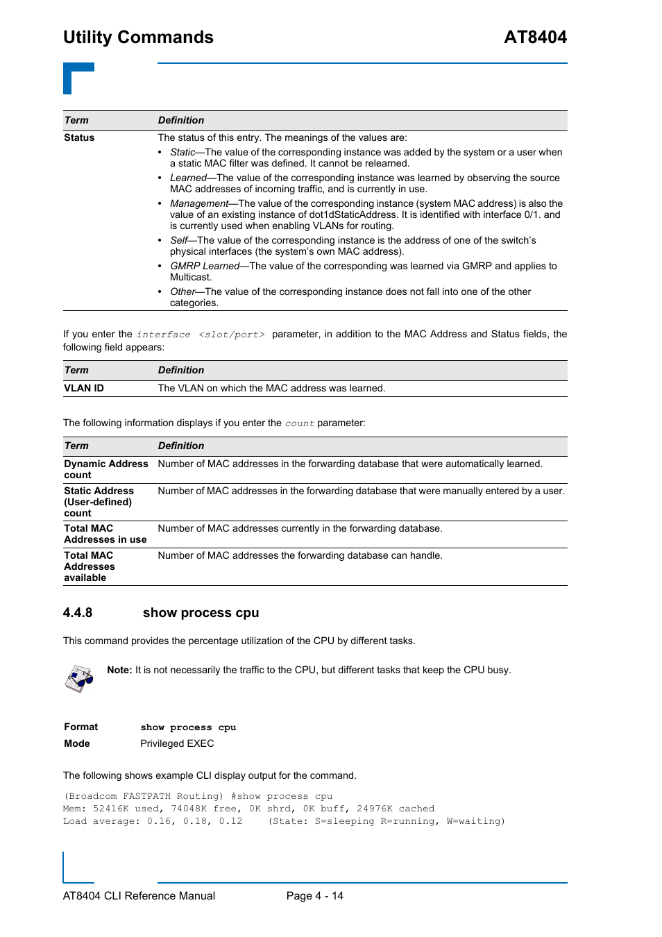 8 show process cpu, Show process cpu - 14, Utility commands at8404 | Kontron AT8404 CLI User Manual | Page 228 / 373