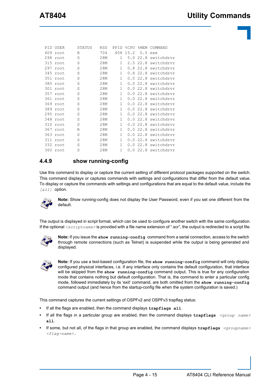 9 show running-config, Show running-config - 15, At8404 utility commands | Kontron AT8404 CLI User Manual | Page 229 / 373