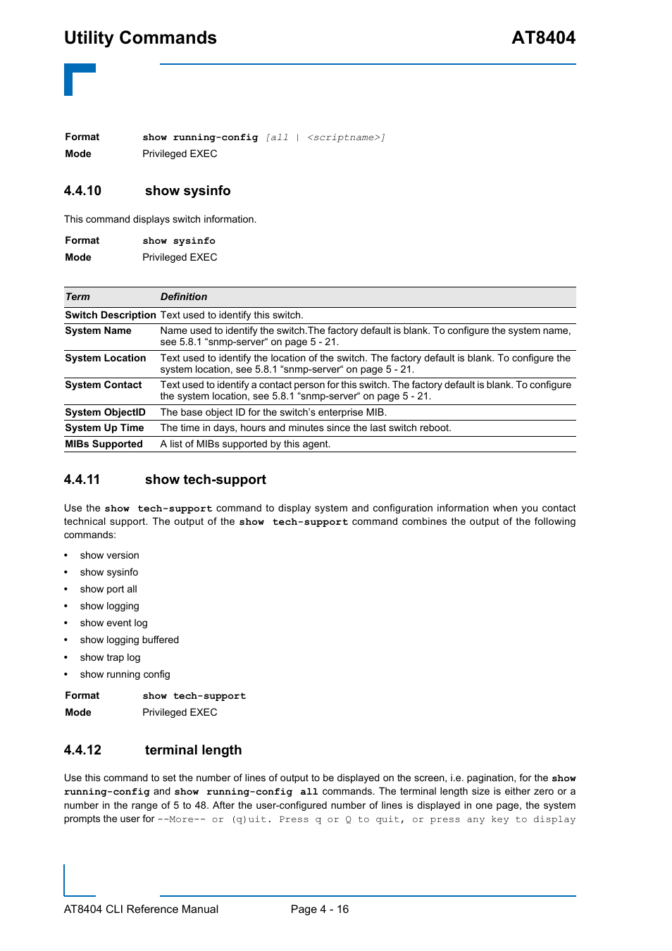 10 show sysinfo, 11 show tech-support, 12 terminal length | Show sysinfo - 16, Show tech-support - 16, Terminal length - 16, Utility commands at8404 | Kontron AT8404 CLI User Manual | Page 230 / 373