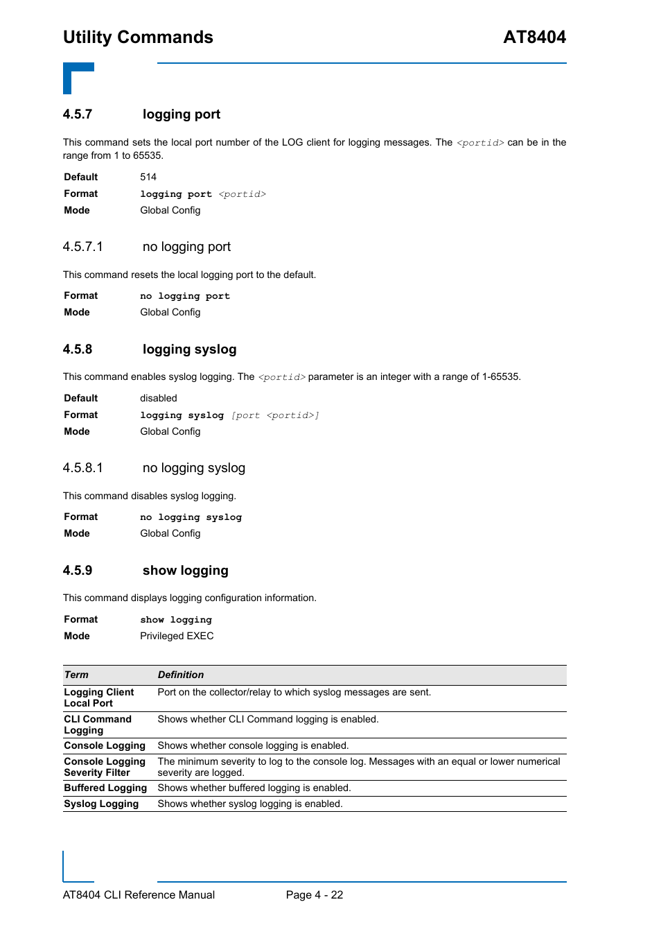 7 logging port, 1 no logging port, 8 logging syslog | 1 no logging syslog, 9 show logging, Logging port - 22, Logging syslog - 22, Show logging - 22, Utility commands at8404 | Kontron AT8404 CLI User Manual | Page 236 / 373
