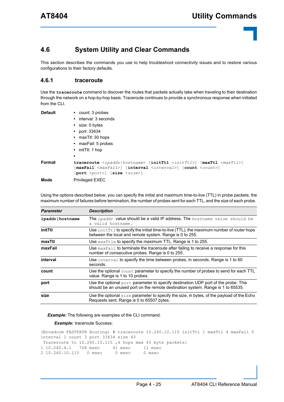 6 system utility and clear commands, 1 traceroute, 6 system utility and clear commands - 25 | Traceroute - 25, At8404 utility commands | Kontron AT8404 CLI User Manual | Page 239 / 373