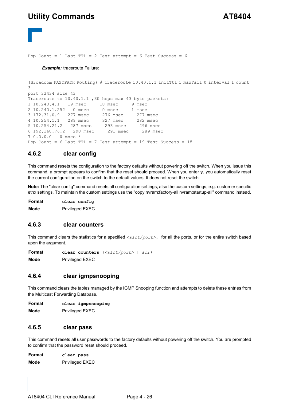 2 clear config, 3 clear counters, 4 clear igmpsnooping | 5 clear pass, Clear config - 26, Clear counters - 26, Clear igmpsnooping - 26, Clear pass - 26, Utility commands at8404 | Kontron AT8404 CLI User Manual | Page 240 / 373