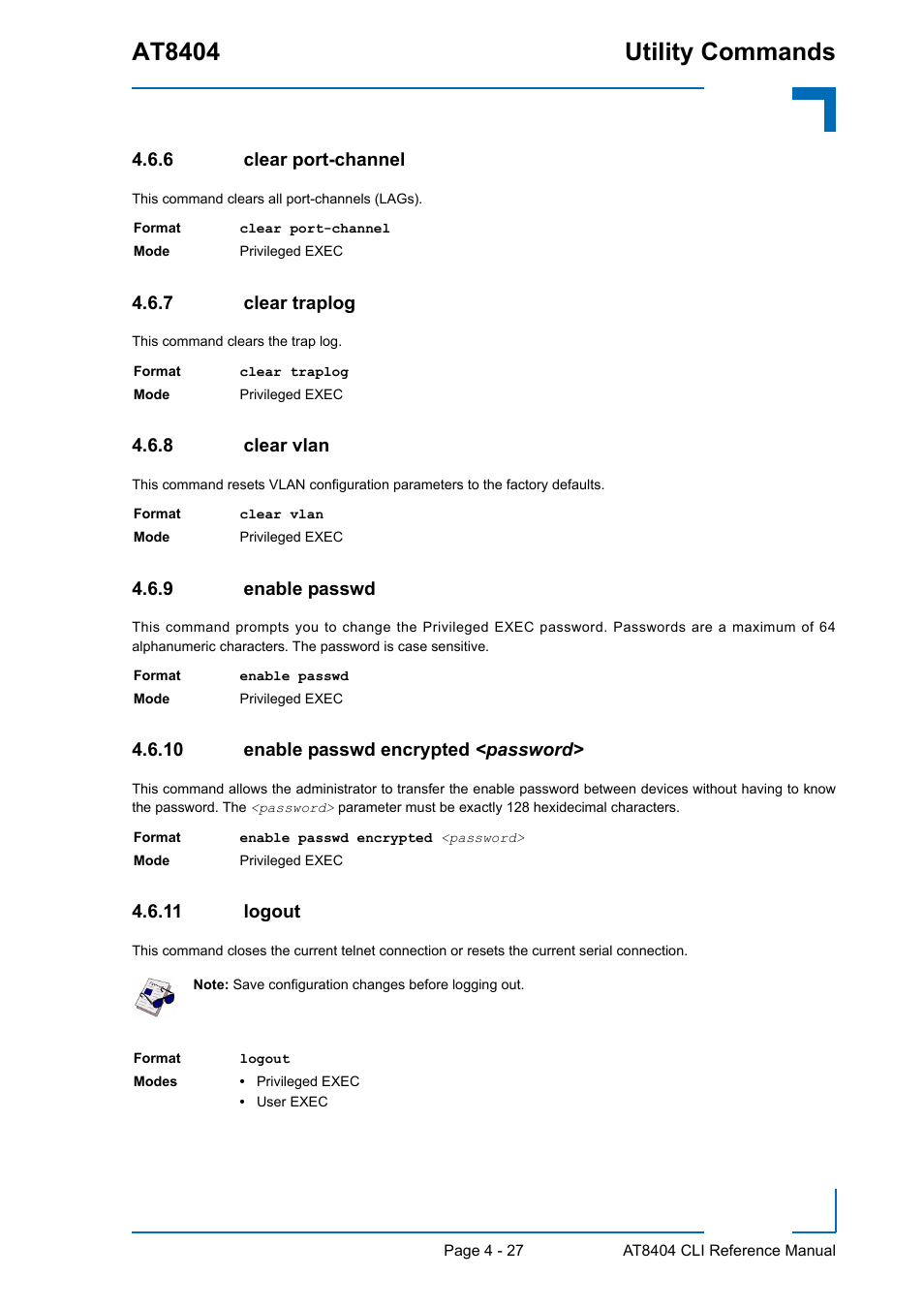 6 clear port-channel, 7 clear traplog, 8 clear vlan | 9 enable passwd, 10 enable passwd encrypted <password, 11 logout, Clear port-channel - 27, Clear traplog - 27, Clear vlan - 27, Enable passwd - 27 | Kontron AT8404 CLI User Manual | Page 241 / 373