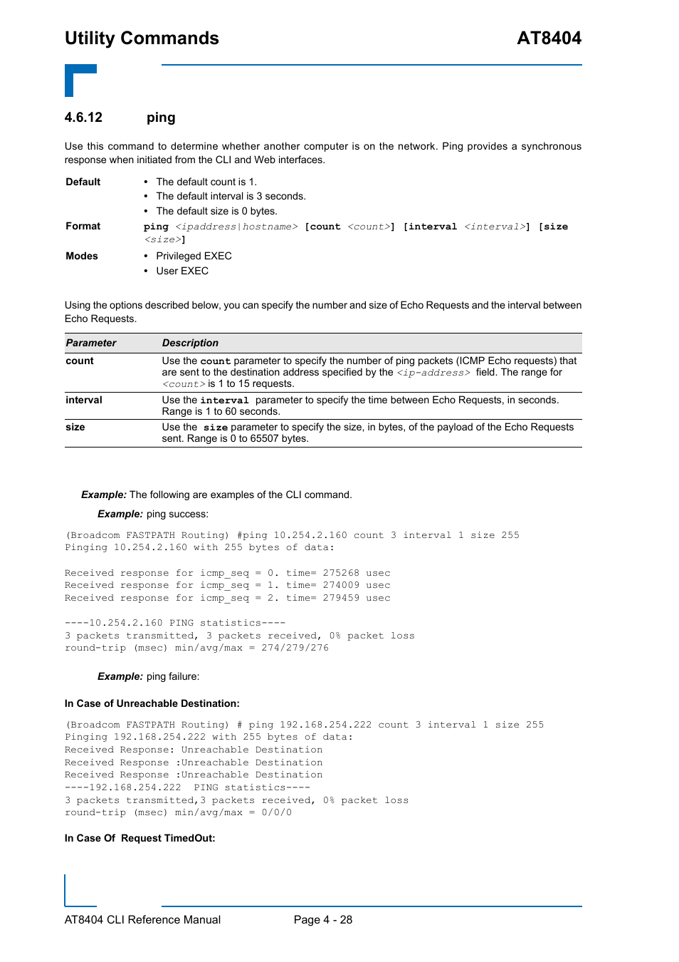 12 ping, Ping - 28, Utility commands at8404 | Kontron AT8404 CLI User Manual | Page 242 / 373