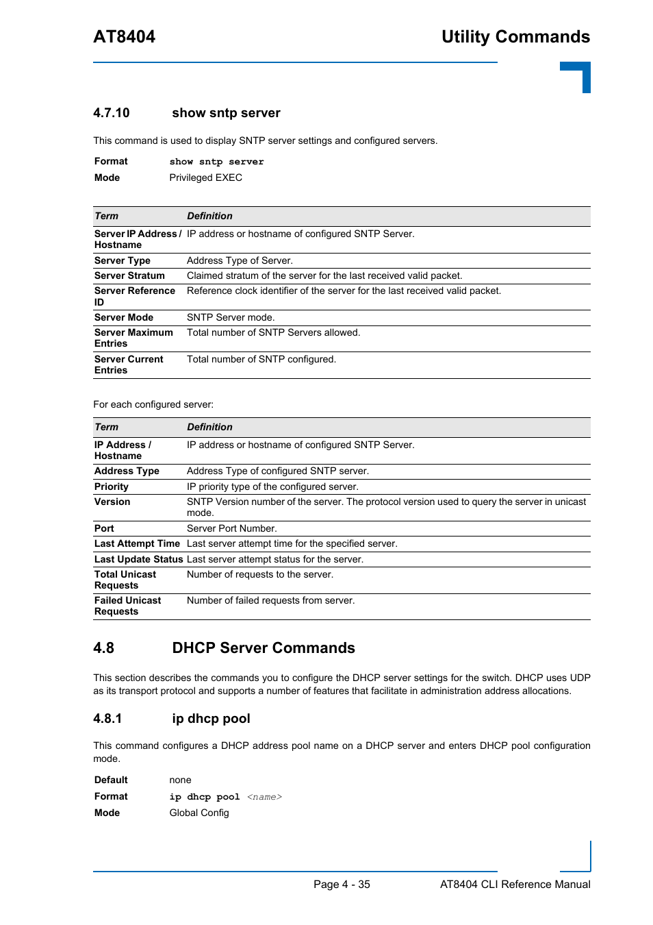 10 show sntp server, 8 dhcp server commands, 1 ip dhcp pool | Show sntp server - 35, 8 dhcp server commands - 35, Ip dhcp pool - 35, At8404 utility commands | Kontron AT8404 CLI User Manual | Page 249 / 373
