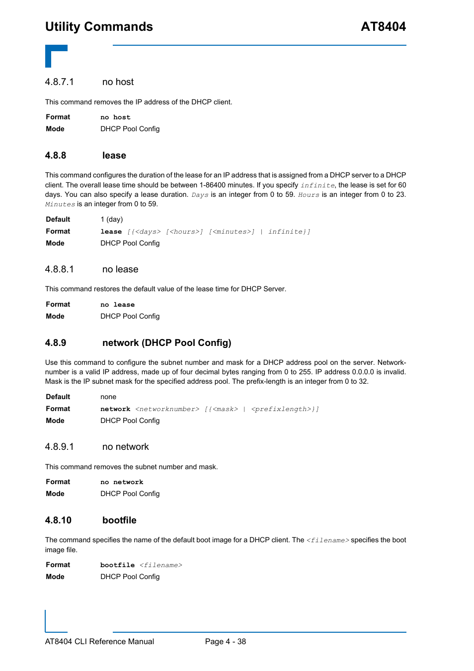 1 no host, 8 lease, 1 no lease | 9 network (dhcp pool config), 1 no network, 10 bootfile, Lease - 38, Network (dhcp pool config) - 38, Bootfile - 38, Utility commands at8404 | Kontron AT8404 CLI User Manual | Page 252 / 373