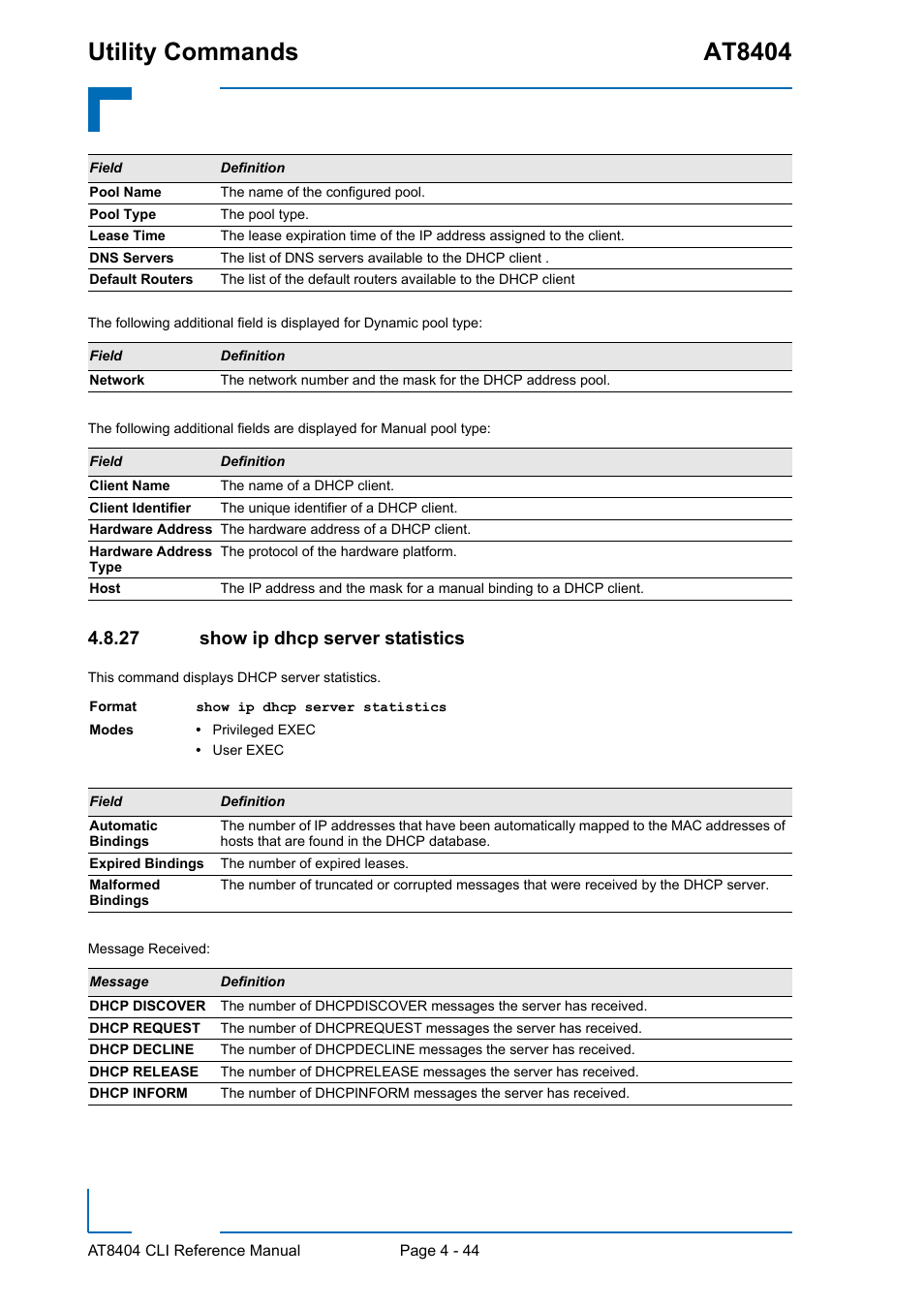 27 show ip dhcp server statistics, Show ip dhcp server statistics - 44, Utility commands at8404 | Kontron AT8404 CLI User Manual | Page 258 / 373