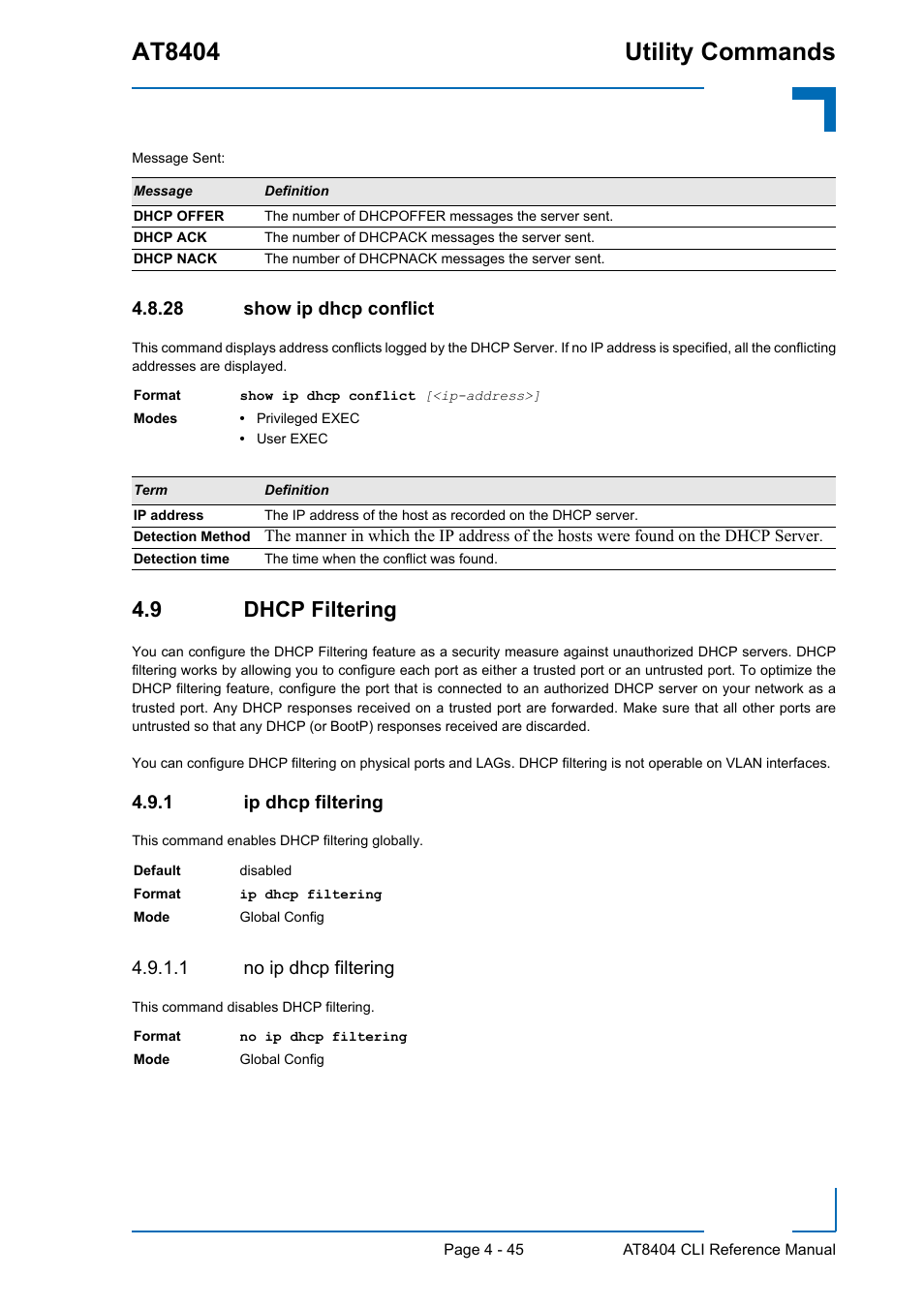 28 show ip dhcp conflict, 9 dhcp filtering, 1 ip dhcp filtering | 1 no ip dhcp filtering, Show ip dhcp conflict - 45, 9 dhcp filtering - 45, Ip dhcp filtering - 45, At8404 utility commands | Kontron AT8404 CLI User Manual | Page 259 / 373