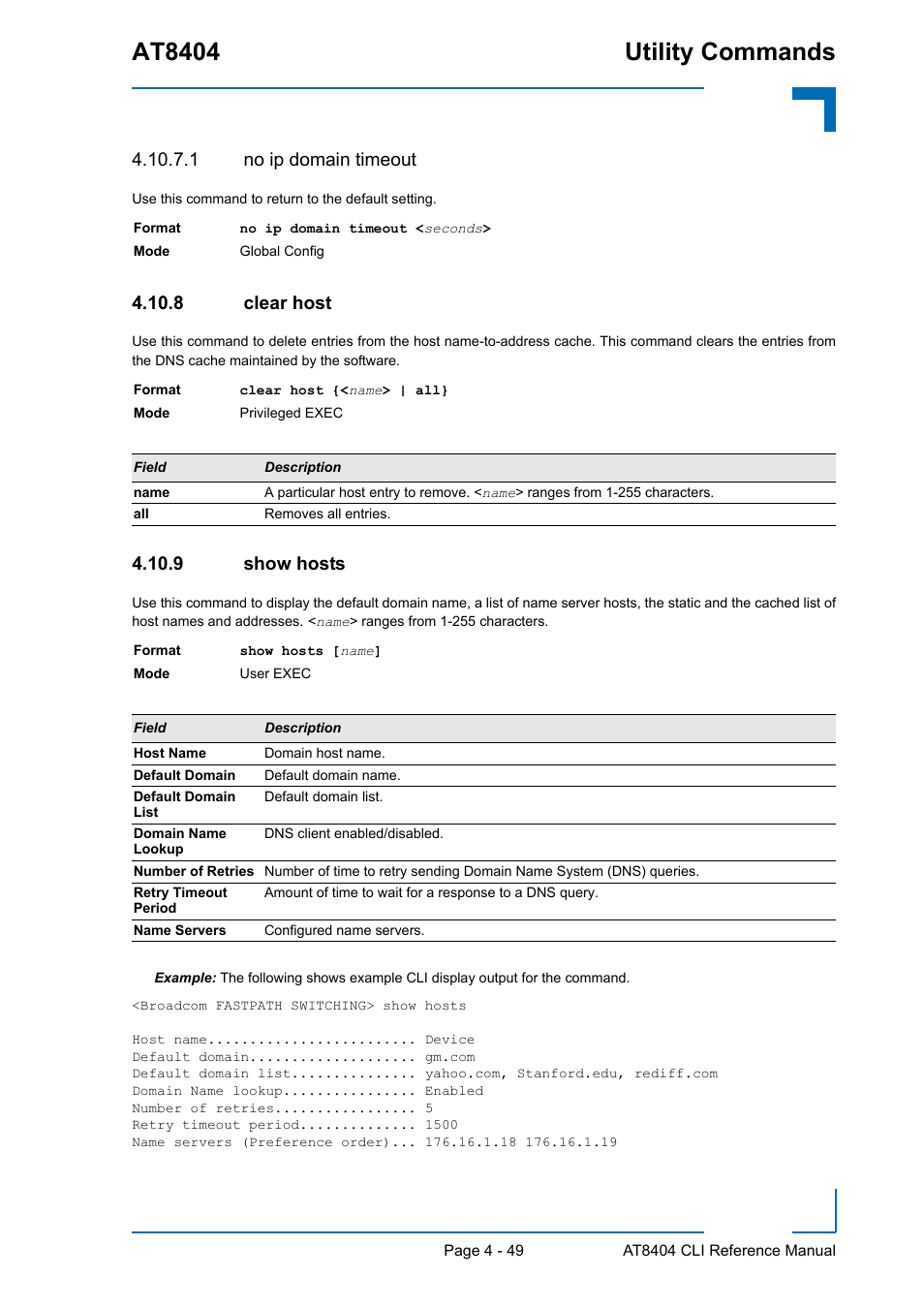 1 no ip domain timeout, 8 clear host, 9 show hosts | Clear host - 49, Show hosts - 49, At8404 utility commands | Kontron AT8404 CLI User Manual | Page 263 / 373