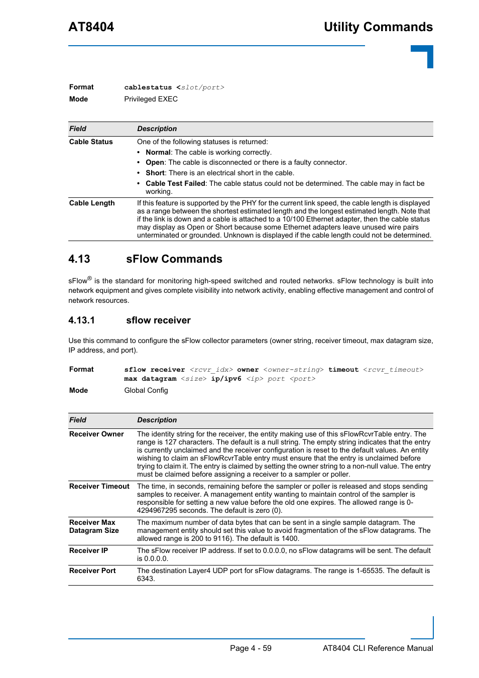 13 sflow commands, 1 sflow receiver, 13 sflow commands - 59 | Sflow receiver - 59, At8404 utility commands | Kontron AT8404 CLI User Manual | Page 273 / 373