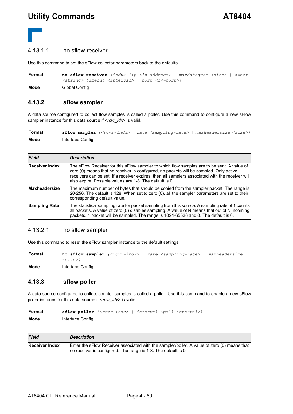 1 no sflow receiver, 2 sflow sampler, 1 no sflow sampler | 3 sflow poller, Sflow sampler - 60, Sflow poller - 60, Utility commands at8404 | Kontron AT8404 CLI User Manual | Page 274 / 373