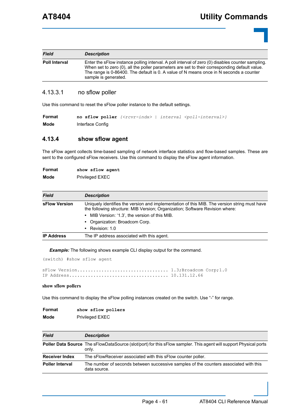 1 no sflow poller, 4 show sflow agent, Show sflow agent - 61 | At8404 utility commands | Kontron AT8404 CLI User Manual | Page 275 / 373