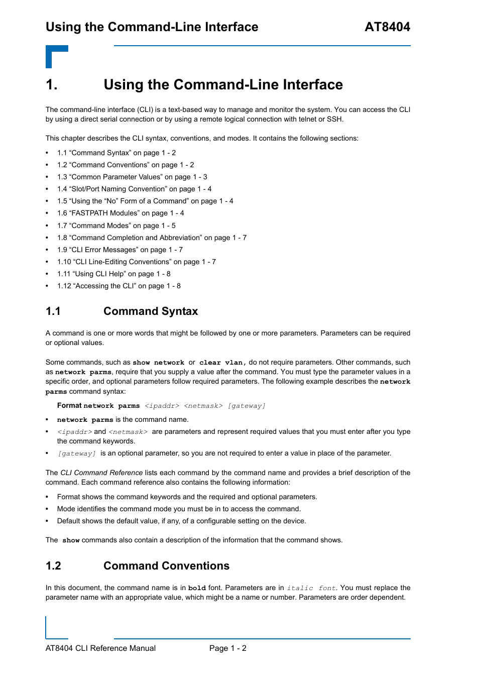 Using the command-line interface, 1 command syntax, 2 command conventions | Using the command-line interface - 2, 1 command syntax - 2 1.2 command conventions - 2, Using the command-line interface at8404 | Kontron AT8404 CLI User Manual | Page 28 / 373
