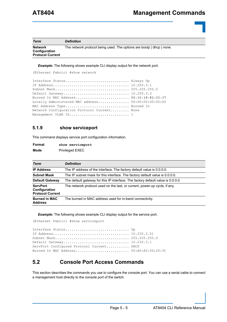 9 show serviceport, 2 console port access commands, Show serviceport - 5 | 2 console port access commands - 5, At8404 management commands | Kontron AT8404 CLI User Manual | Page 281 / 373