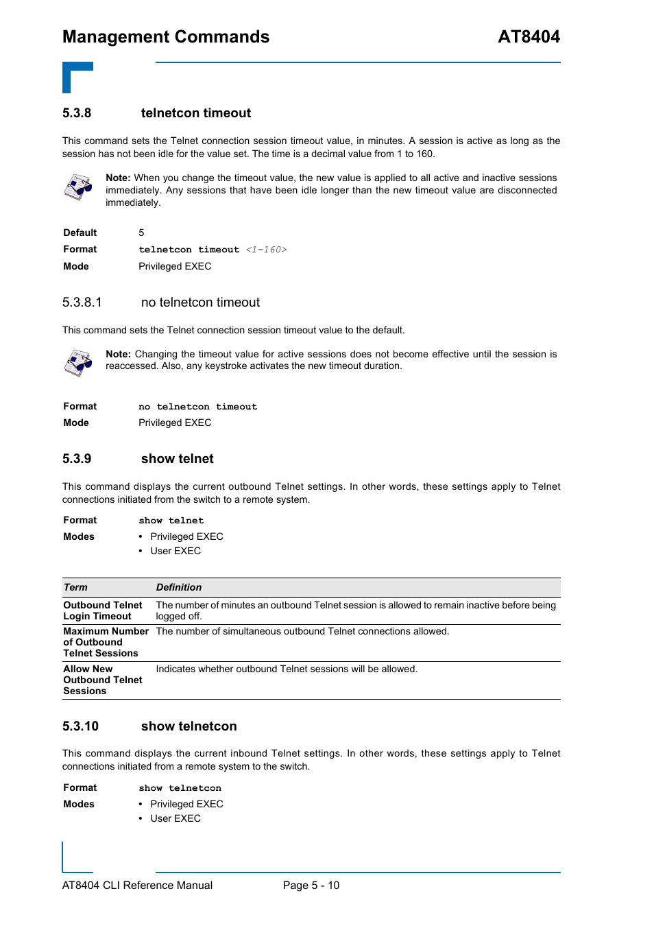 8 telnetcon timeout, 1 no telnetcon timeout, 9 show telnet | 10 show telnetcon, Telnetcon timeout - 10, Show telnet - 10, Show telnetcon - 10, Management commands at8404 | Kontron AT8404 CLI User Manual | Page 286 / 373
