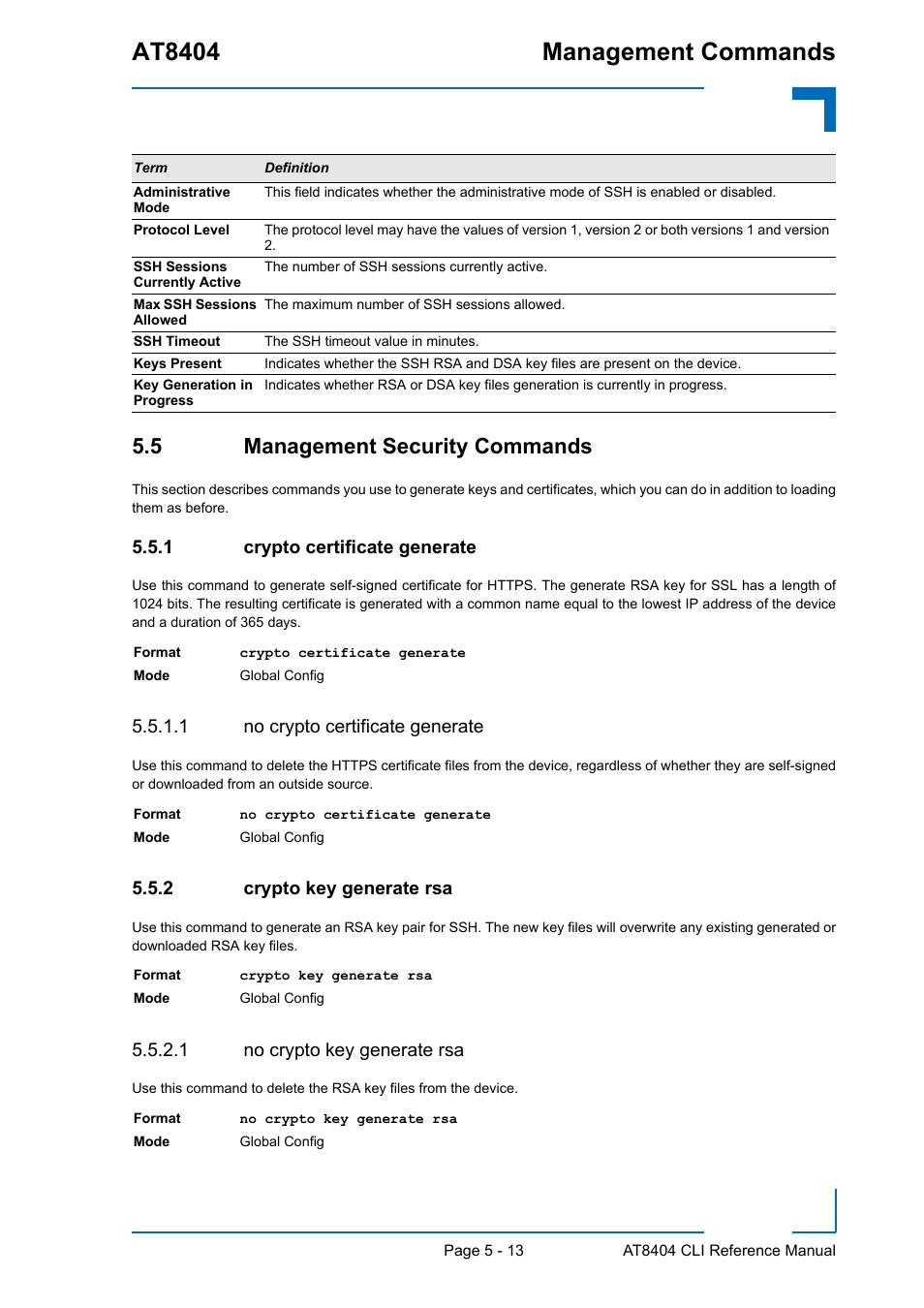 5 management security commands, 1 crypto certificate generate, 1 no crypto certificate generate | 2 crypto key generate rsa, 1 no crypto key generate rsa, 5 management security commands - 13, Crypto certificate generate - 13, Crypto key generate rsa - 13, At8404 management commands | Kontron AT8404 CLI User Manual | Page 289 / 373