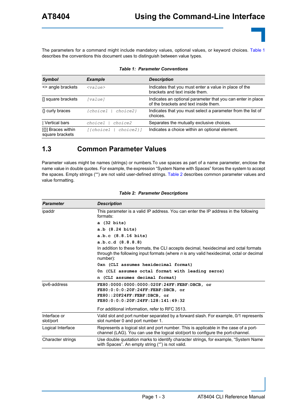 3 common parameter values, 3 common parameter values - 3, At8404 using the command-line interface | Kontron AT8404 CLI User Manual | Page 29 / 373