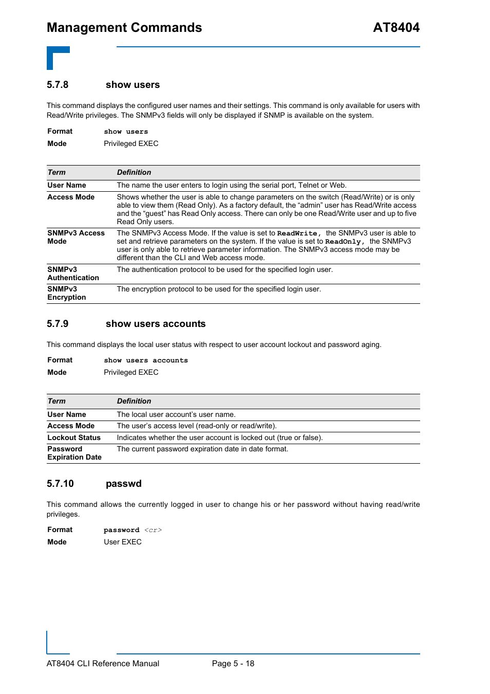 8 show users, 9 show users accounts, 10 passwd | Show users - 18, Show users accounts - 18, Passwd - 18, Management commands at8404 | Kontron AT8404 CLI User Manual | Page 294 / 373