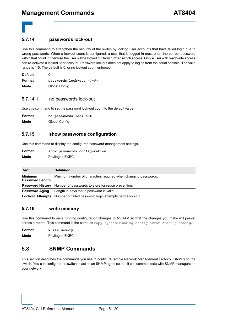 14 passwords lock-out, 1 no passwords lock-out, 15 show passwords configuration | 16 write memory, 8 snmp commands, Passwords lock-out - 20, Show passwords configuration - 20, Write memory - 20, 8 snmp commands - 20, Management commands at8404 | Kontron AT8404 CLI User Manual | Page 296 / 373