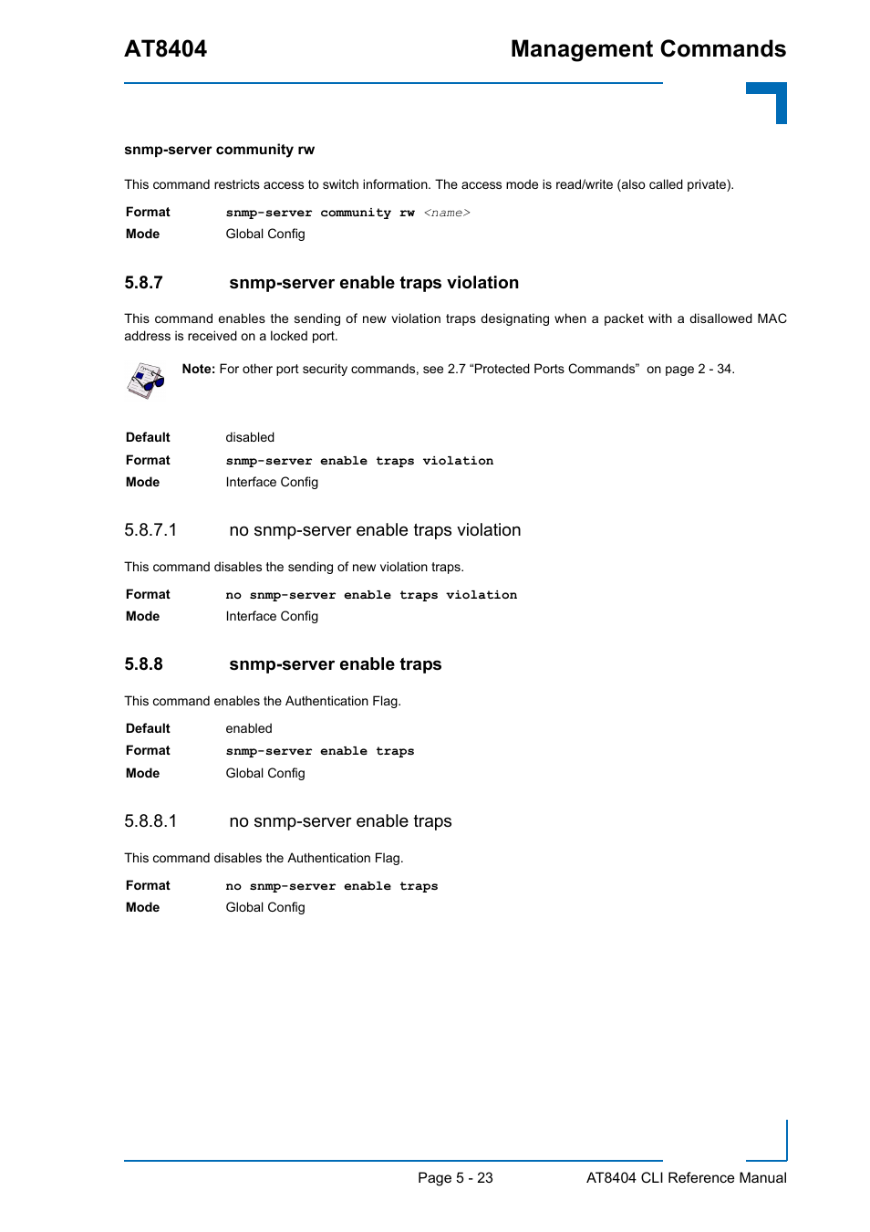 7 snmp-server enable traps violation, 1 no snmp-server enable traps violation, 8 snmp-server enable traps | 1 no snmp-server enable traps, Snmp-server enable traps violation - 23, Snmp-server enable traps - 23, At8404 management commands | Kontron AT8404 CLI User Manual | Page 299 / 373