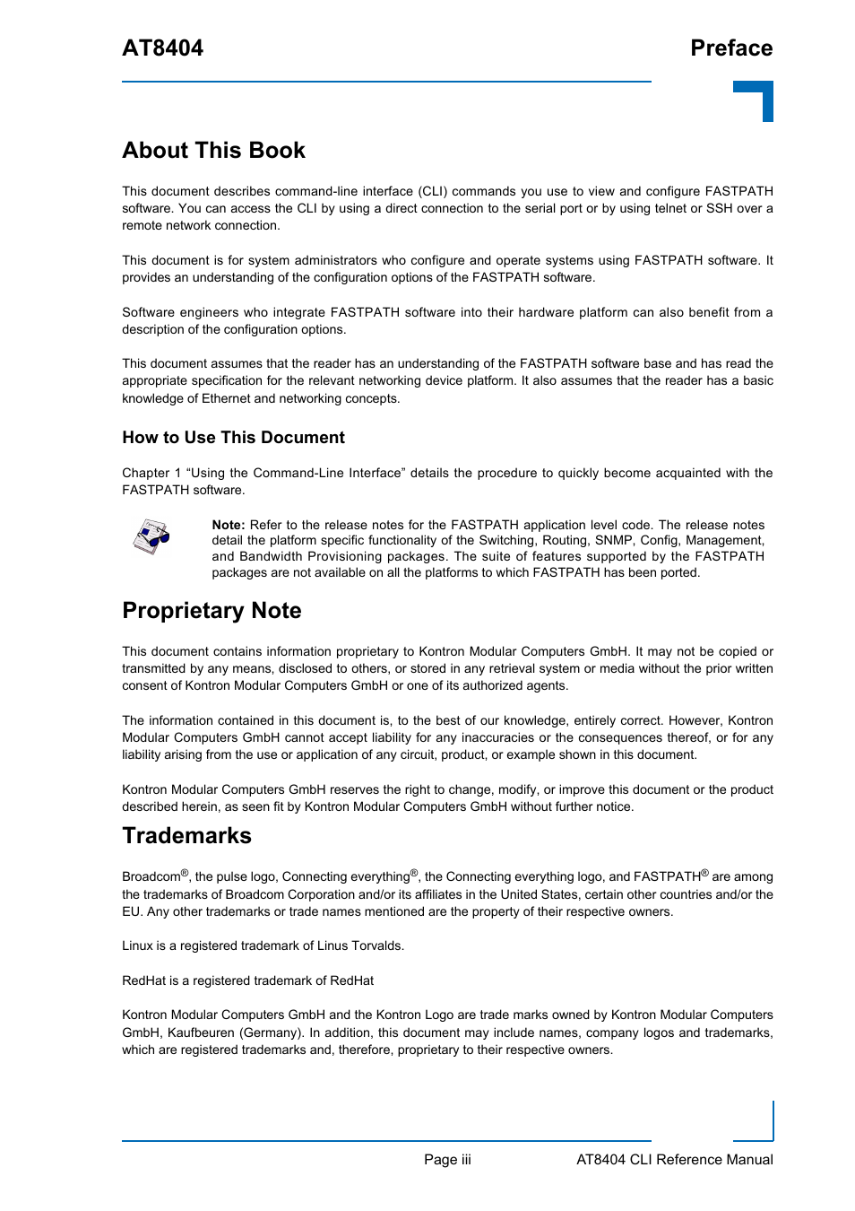 About this book, How to use this document, Proprietary note | Trademarks, At8404 preface | Kontron AT8404 CLI User Manual | Page 3 / 373