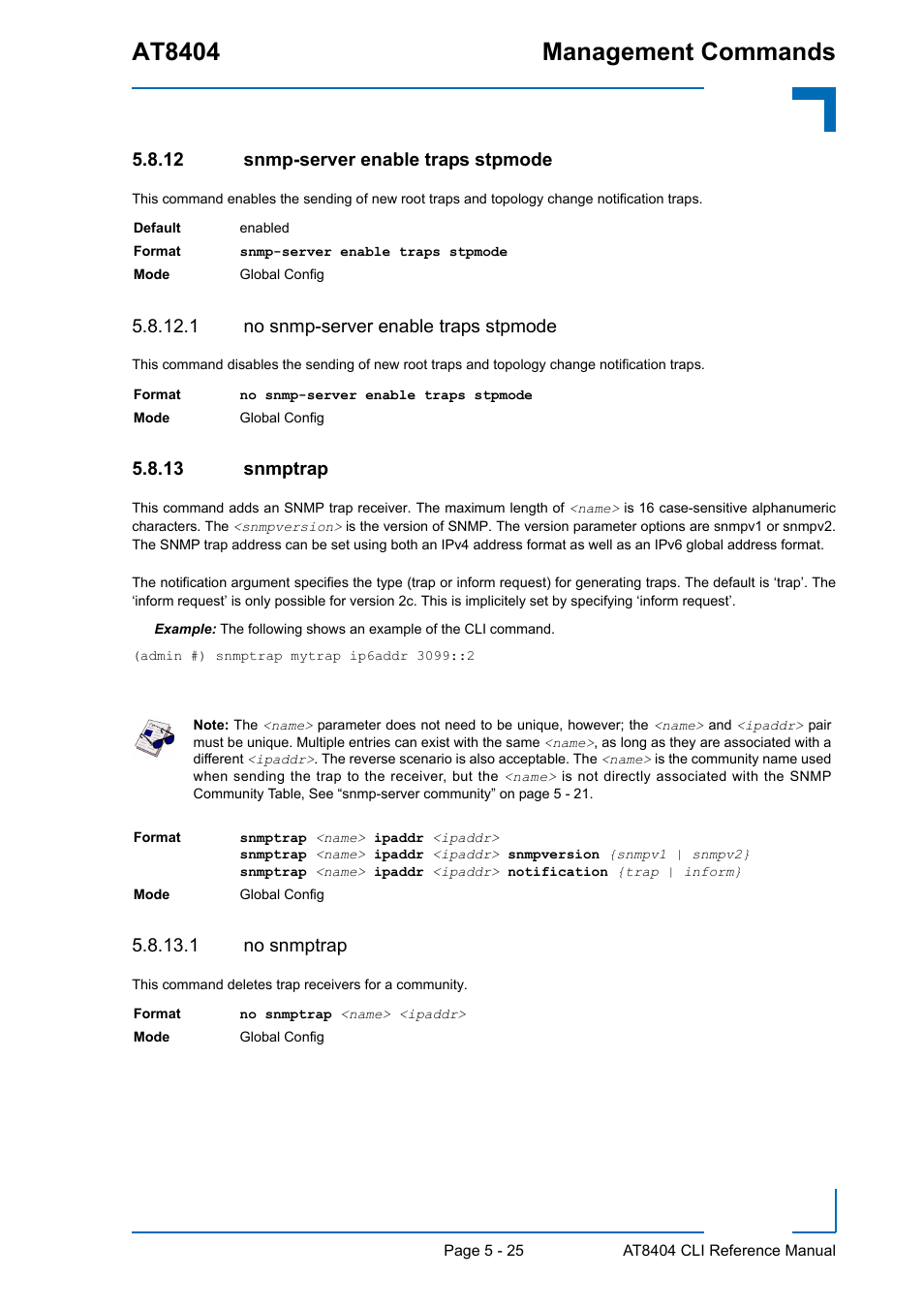 12 snmp-server enable traps stpmode, 1 no snmp-server enable traps stpmode, 13 snmptrap | 1 no snmptrap, Snmp-server enable traps stpmode - 25, Snmptrap - 25, At8404 management commands | Kontron AT8404 CLI User Manual | Page 301 / 373
