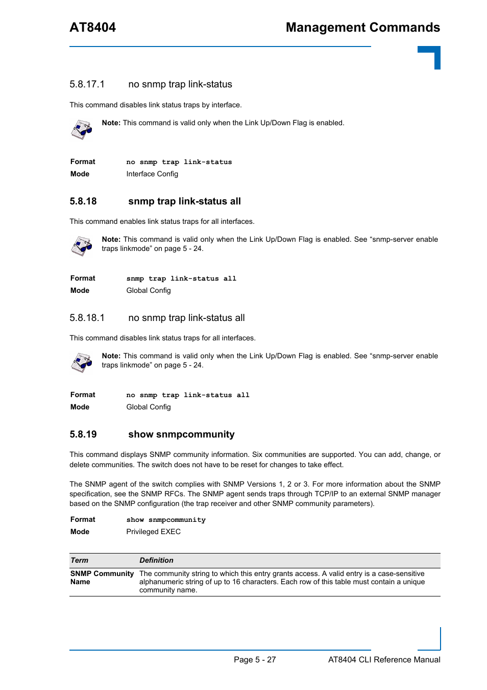 1 no snmp trap link-status, 18 snmp trap link-status all, 1 no snmp trap link-status all | 19 show snmpcommunity, Snmp trap link-status all - 27, Show snmpcommunity - 27, At8404 management commands | Kontron AT8404 CLI User Manual | Page 303 / 373