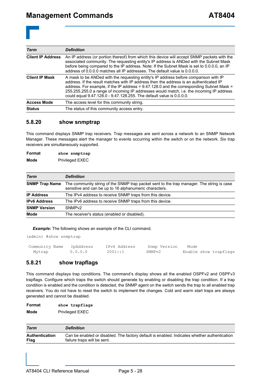 20 show snmptrap, 21 show trapflags, Show snmptrap - 28 | Show trapflags - 28, Management commands at8404 | Kontron AT8404 CLI User Manual | Page 304 / 373