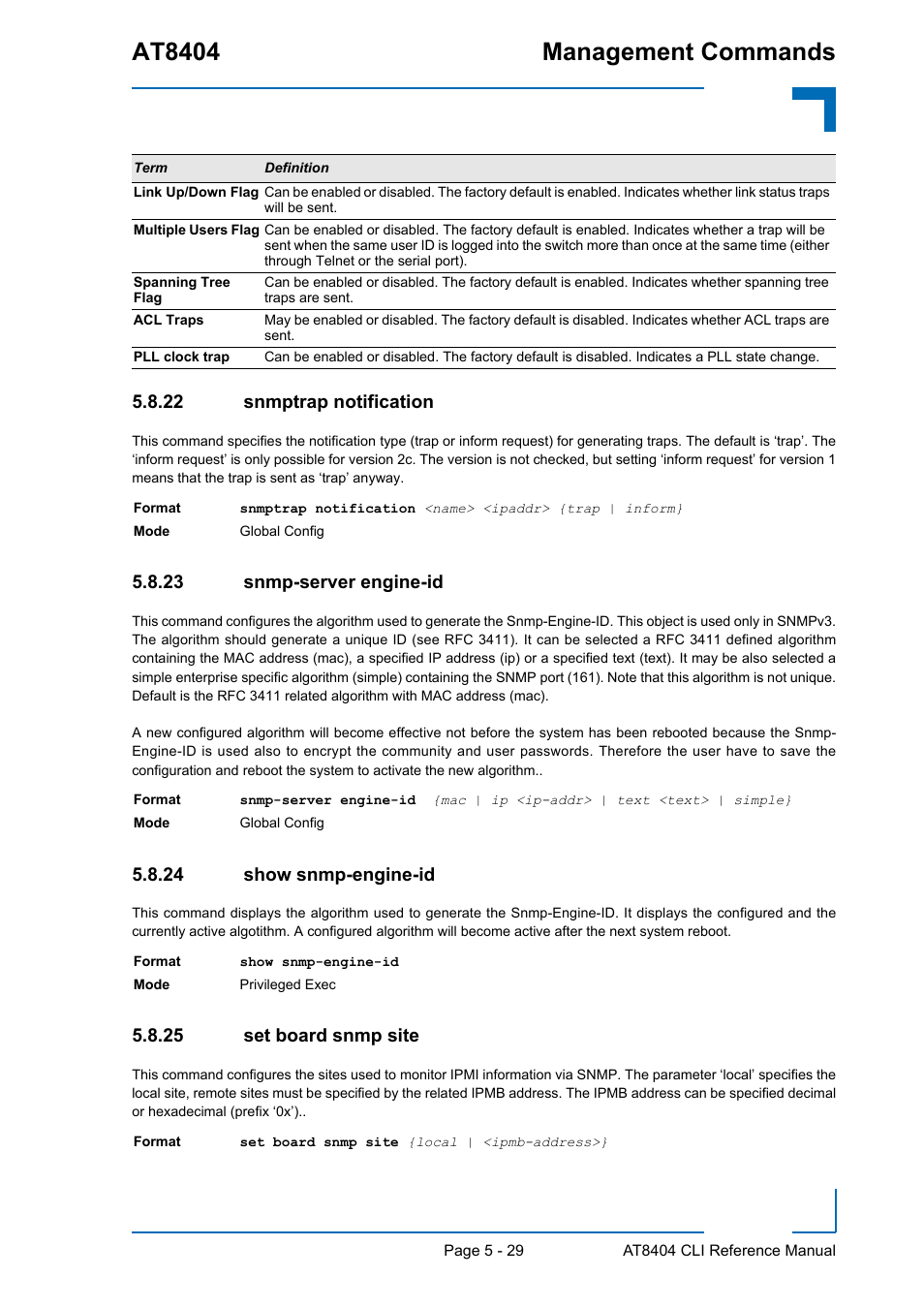 22 snmptrap notification, 23 snmp-server engine-id, 24 show snmp-engine-id | 25 set board snmp site, Snmptrap notification - 29, Snmp-server engine-id - 29, Show snmp-engine-id - 29, Set board snmp site - 29, At8404 management commands | Kontron AT8404 CLI User Manual | Page 305 / 373