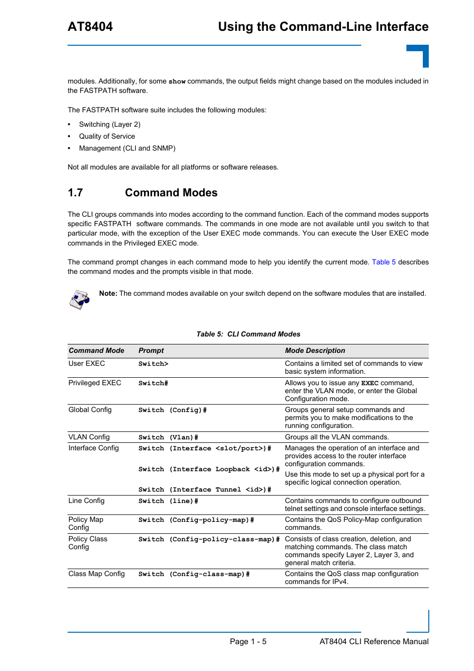 7 command modes, 7 command modes - 5, At8404 using the command-line interface | Kontron AT8404 CLI User Manual | Page 31 / 373