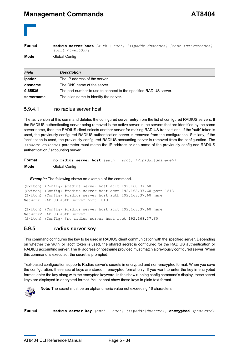 1 no radius server host, 5 radius server key, Radius server key - 34 | Management commands at8404 | Kontron AT8404 CLI User Manual | Page 310 / 373