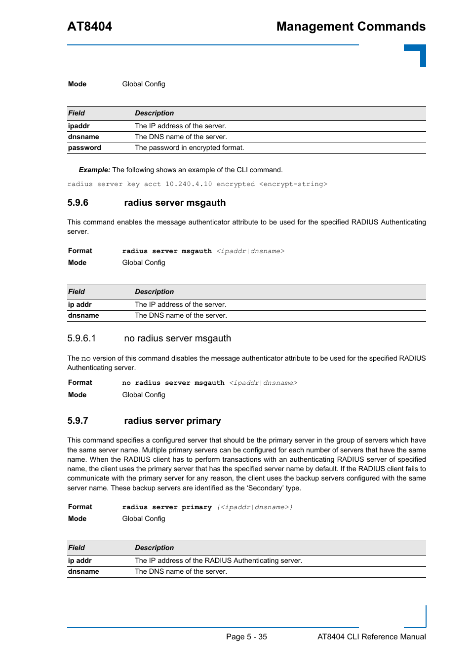 6 radius server msgauth, 1 no radius server msgauth, 7 radius server primary | Radius server msgauth - 35, Radius server primary - 35, At8404 management commands | Kontron AT8404 CLI User Manual | Page 311 / 373