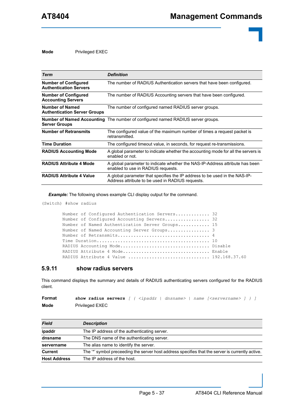 11 show radius servers, Show radius servers - 37, At8404 management commands | Kontron AT8404 CLI User Manual | Page 313 / 373