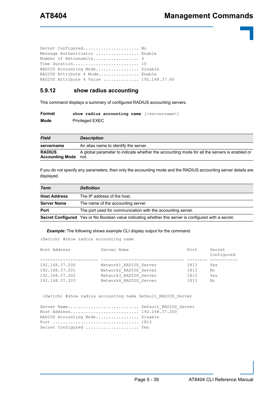 12 show radius accounting, Show radius accounting - 39, At8404 management commands | Kontron AT8404 CLI User Manual | Page 315 / 373
