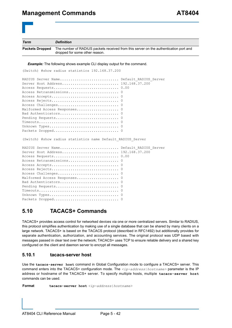 10 tacacs+ commands, 1 tacacs-server host, 10 tacacs+ commands - 42 | Tacacs-server host - 42, Management commands at8404 | Kontron AT8404 CLI User Manual | Page 318 / 373