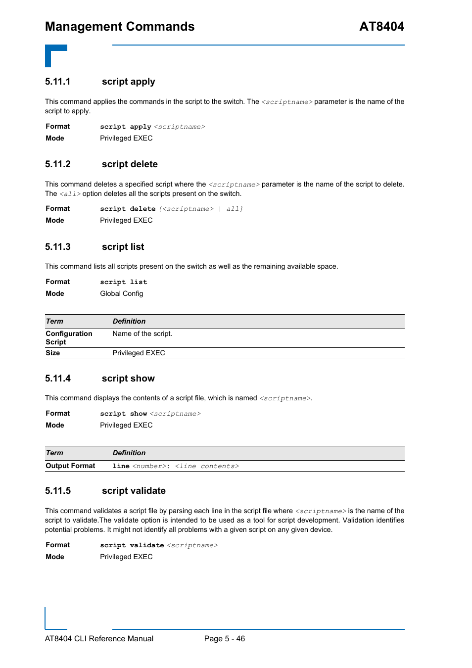 1 script apply, 2 script delete, 3 script list | 4 script show, 5 script validate, Script apply - 46, Script delete - 46, Script list - 46, Script show - 46, Script validate - 46 | Kontron AT8404 CLI User Manual | Page 322 / 373