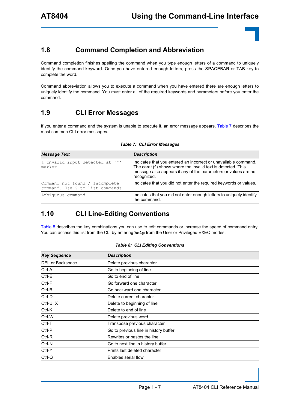 8 command completion and abbreviation, 9 cli error messages, 10 cli line-editing conventions | At8404 using the command-line interface | Kontron AT8404 CLI User Manual | Page 33 / 373