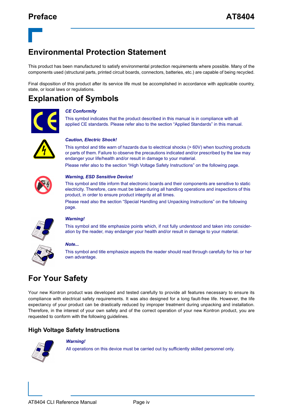 Environmental protection statement, Explanation of symbols, For your safety | High voltage safety instructions, Preface at8404, Explanation of symbols for your safety | Kontron AT8404 CLI User Manual | Page 4 / 373