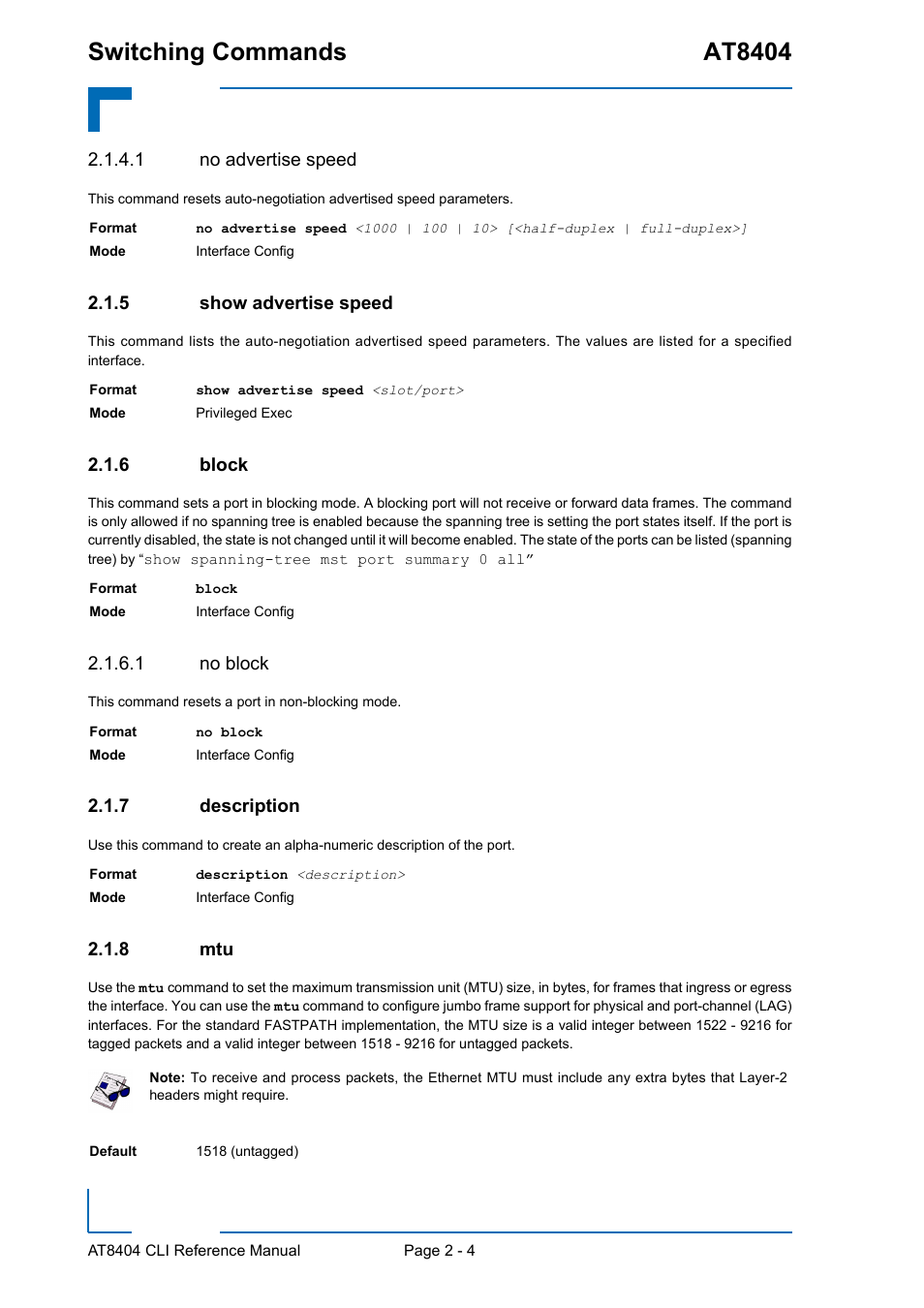 1 no advertise speed, 5 show advertise speed, 6 block | 1 no block, 7 description, 8 mtu, Show advertise speed - 4, Block - 4, Description - 4, Mtu - 4 | Kontron AT8404 CLI User Manual | Page 40 / 373