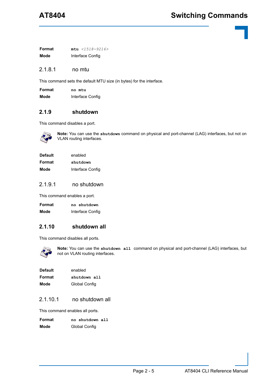 1 no mtu, 9 shutdown, 1 no shutdown | 10 shutdown all, 1 no shutdown all, Shutdown - 5, Shutdown all - 5, At8404 switching commands | Kontron AT8404 CLI User Manual | Page 41 / 373