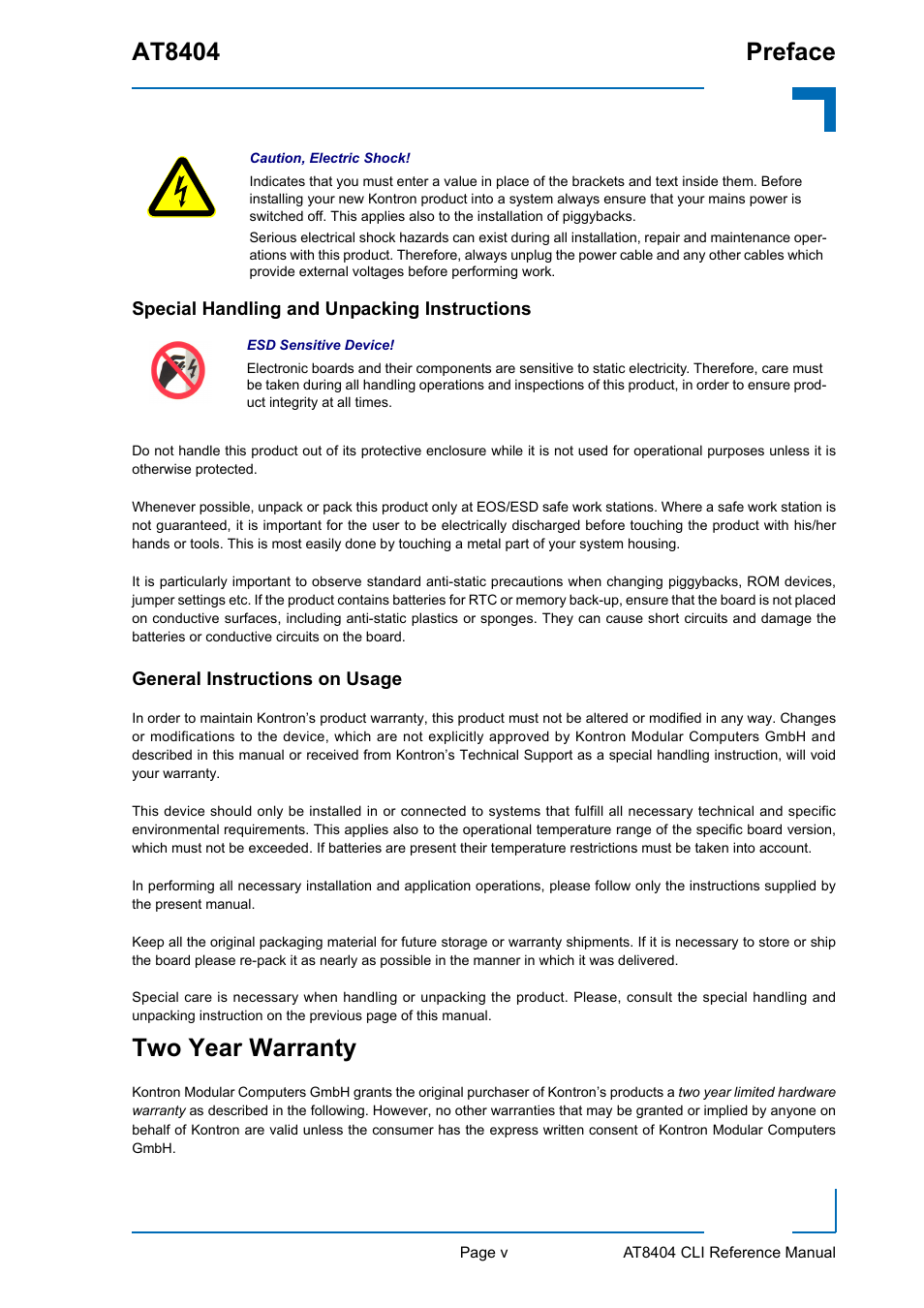 Special handling and unpacking instructions, General instructions on usage, Two year warranty | At8404 preface | Kontron AT8404 CLI User Manual | Page 5 / 373