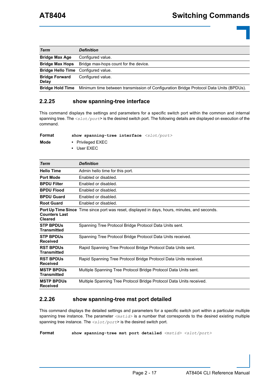 25 show spanning-tree interface, 26 show spanning-tree mst port detailed, Show spanning-tree interface - 17 | Show spanning-tree mst port detailed - 17, At8404 switching commands | Kontron AT8404 CLI User Manual | Page 53 / 373